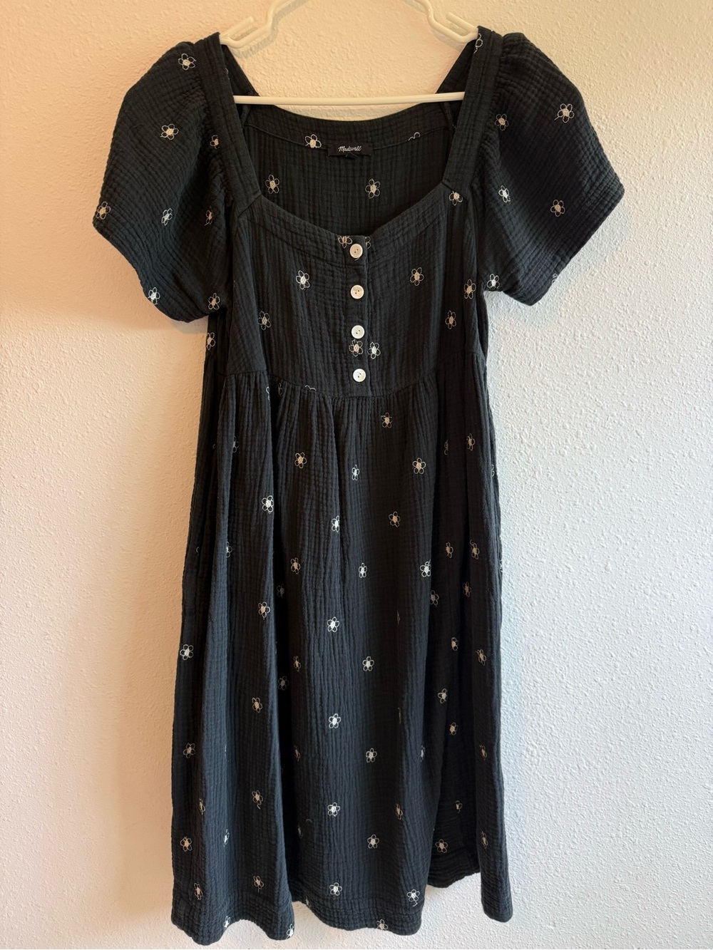 Madewell Black Floral Midi Dress with Button Front